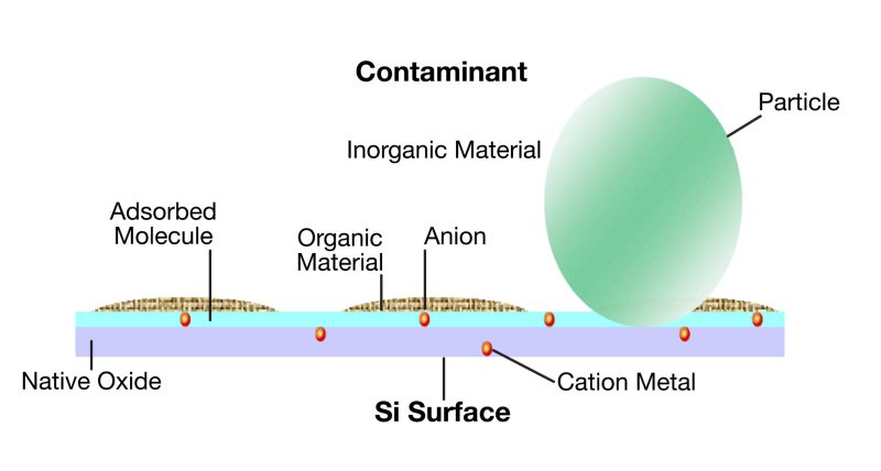 The surface contaminants that may be present on a silicon wafer.